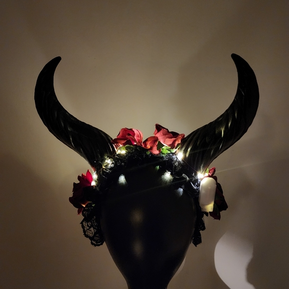 Krampus Horns Straight Up Tall Devil Demon Headband Red Rose Costume Head Piece - Picture 1 of 9